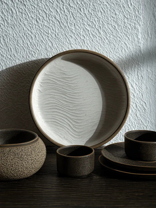 Duży ceramiczny talerz z pofalowanym, strukturalnym wzorem przypominającym piasek opiera się o białą, chropowatą ścianę. W mocnym świetle słonecznym otacza go dopasowany zestaw naczyń w ciemnobrązowym kolorze, w tym małe czarki, miska i spodki.